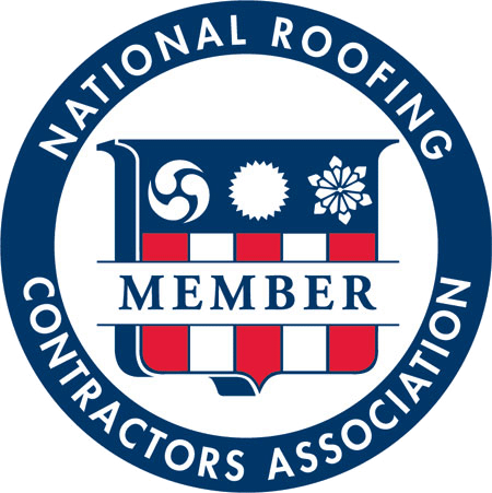 A roofing installation scene with workers on a partially completed roof, showcasing shingles and safety equipment in use.